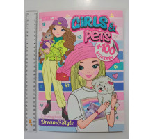 Розмальовка А4 глітер + 100 наліпок, 28 стор. "Girls' & Pets" РМ-88
